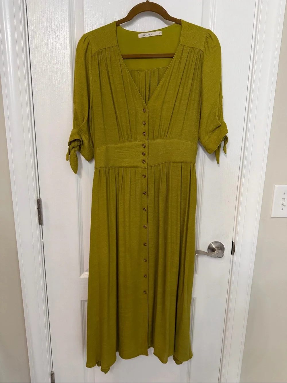 Ellison Chartreuse Button-Front Midi Dress with Tie Sleeves